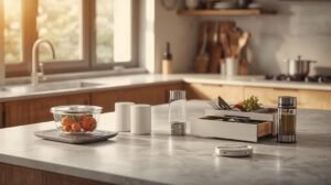 صورة فوتوغرافية واقعية عالية الدقة لمطبخ عصري بإضاءة طبيعية دافئة تدخل من نافذة جانبية، على سطح رخامي أبيض منظم بعناية تظهر خمس أد…