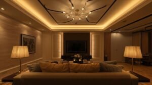 وصف الصورة المثالية لتوليدها بالذكاء الاصطناعي غرفة معيشة عصرية فاخرة بإضاءة دافئة ومتوازنة، تتوسط السقف ثريا أنيقة بتصميم حدي…