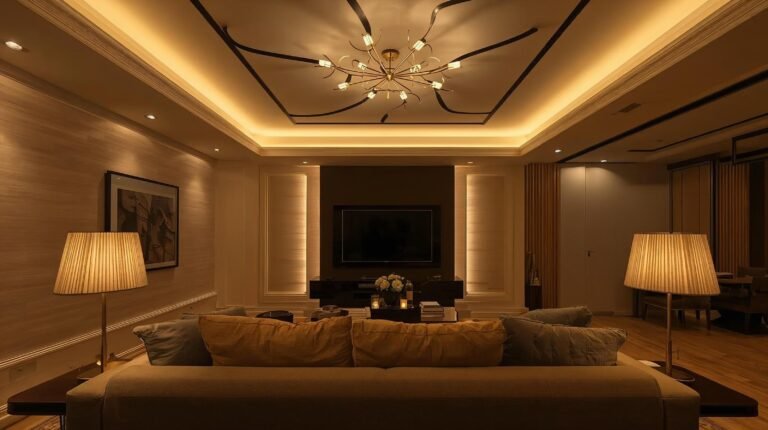 وصف الصورة المثالية لتوليدها بالذكاء الاصطناعي غرفة معيشة عصرية فاخرة بإضاءة دافئة ومتوازنة، تتوسط السقف ثريا أنيقة بتصميم حدي…